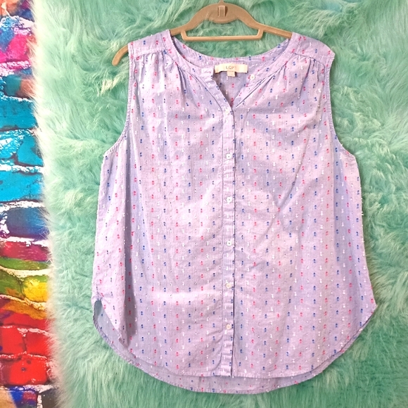Loft Blue Pink and White Sleeveless Button Down Textured Top Size L - Picture 2 of 6